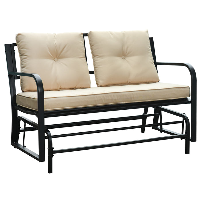 Outdoor 2-Person Glider Bench with Rocking Feature - Patio Loveseat with Armrest and Comfortable Khaki Cushions - Ideal for Yard, Porch, and Garden Relaxation