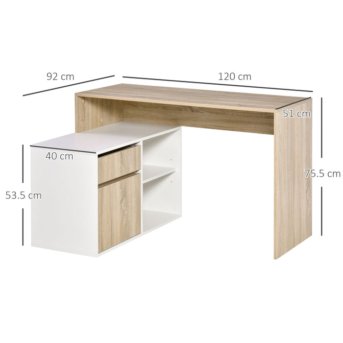 L-Shaped Corner Computer Desk - Oak and White Study Table with Storage Shelf and Drawer - Ideal for Home Office Workstations