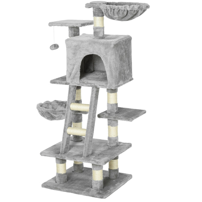 Plush Kitty Playhouse with Sisal Scratching Posts - 1.2m Multi-Level Cat Tree with Basket, Perch, and Condo - Ideal for Play, Rest, and Claw Health, Light Gray