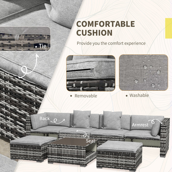 7-Piece Rattan Outdoor Ensemble - Sofa, Footstools, Coffee Table with Side Shelves, Comfy Cushions & Pillows, Mixed Grey - Ideal for Patio Relaxation & Entertaining