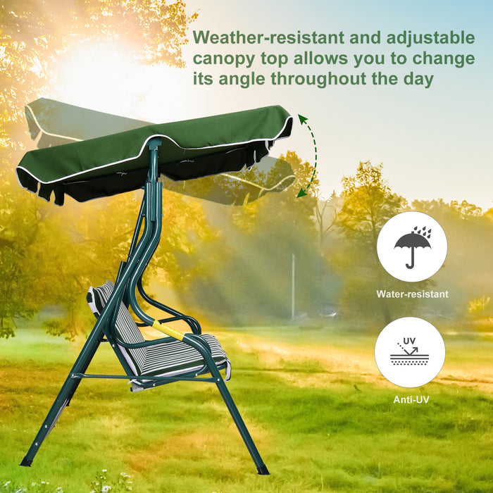 Steel 3-Seater Garden Swing Chair with Green Canopy - Outdoor Patio Furniture with Weather-Resistant Design - Ideal for Deck, Backyard, or Patio Relaxation