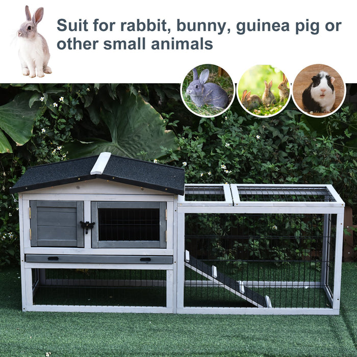 Two-Level Fir Wood Small Animal Hutch - Burnt Grey with Ramp Access - Ideal for Rabbits & Guinea Pigs