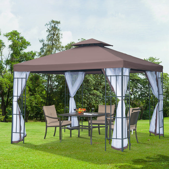 Patio Gazebo Canopy 3x3m - Garden Pavilion Tent with 2 Tier Roof, Mosquito Netting, Steel Frame - Ideal Outdoor Shelter for Relaxation, Coffee Color