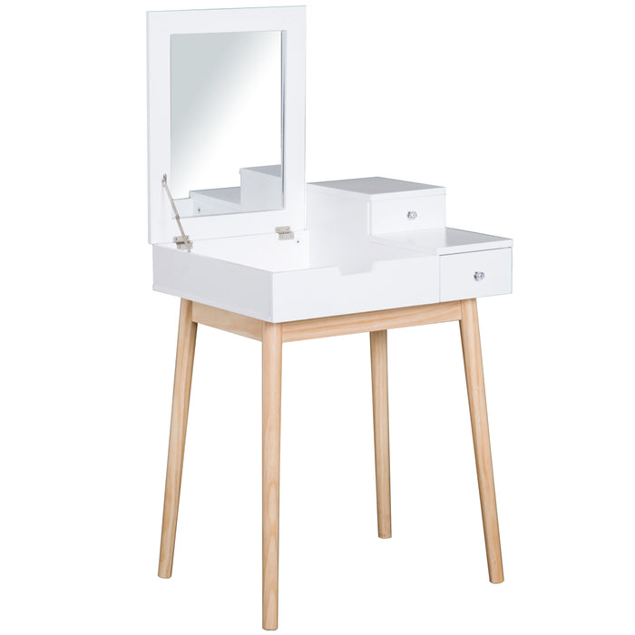 Modern MDF and Pine Dressing Table with Flip-Up Mirror - Versatile Desk with 2 Drawers in Sleek White Finish - Ideal for Bedroom Makeup Station and Work Area