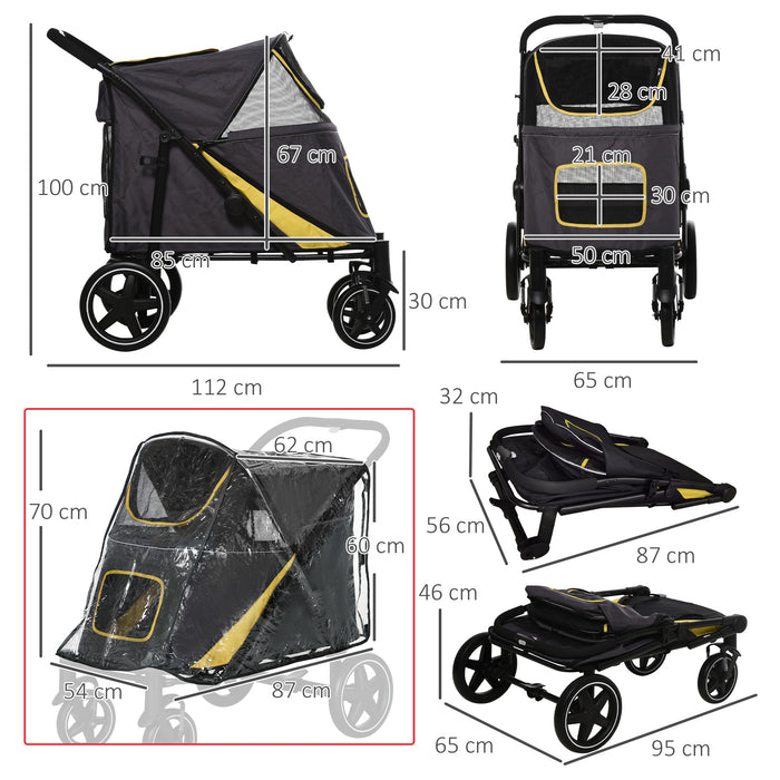 Foldable Pet Stroller with Rain Cover - Cat and Dog Pushchair, Shock-Absorbing Front Wheels, Storage and Mesh - Easy One-Click Travel System for Pets