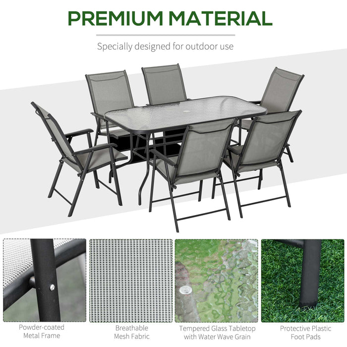 7-Piece Garden Patio Dining Set - Steel Frame, Foldable Chairs, Glass Tabletop, Texteline Seating with Black & Grey Cushions - Ideal for Outdoor Entertaining and Relaxation