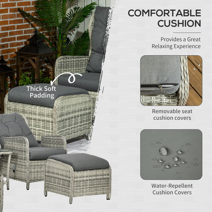 Outdoor PE Rattan 5-Piece Sun Lounge Set - Half-Round Wicker Recliner Sofa Bed, Glass Top Table, Footstools in Mixed Grey - Ideal for Patio and Poolside Relaxation