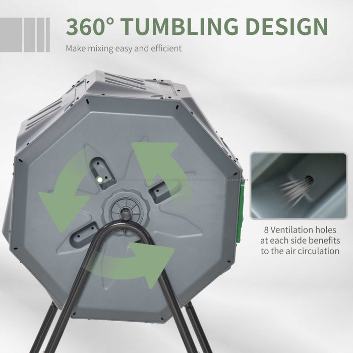 160L Dual Chamber Tumbling Composter - Outdoor 360° Rotating Bin with Sliding Doors and Steel Frame, Grey - Eco-Friendly Waste Composting for Garden Enthusiasts