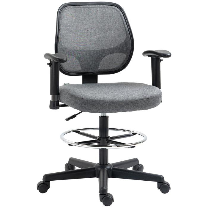 Adjustable Tall Drafting Chair with Footrest Ring - Ergonomic Fabric Chair for Standing Desks with Swivel Wheels, Armrests, Grey - Ideal for Designers and Architects