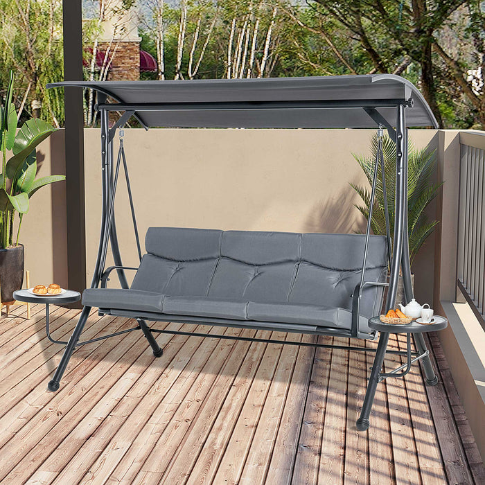 3 Seater Garden Swing Chair - Adjustable Canopy, Comfy Cushion, and Side Tables - Perfect for Outdoor Patio and Garden Relaxation